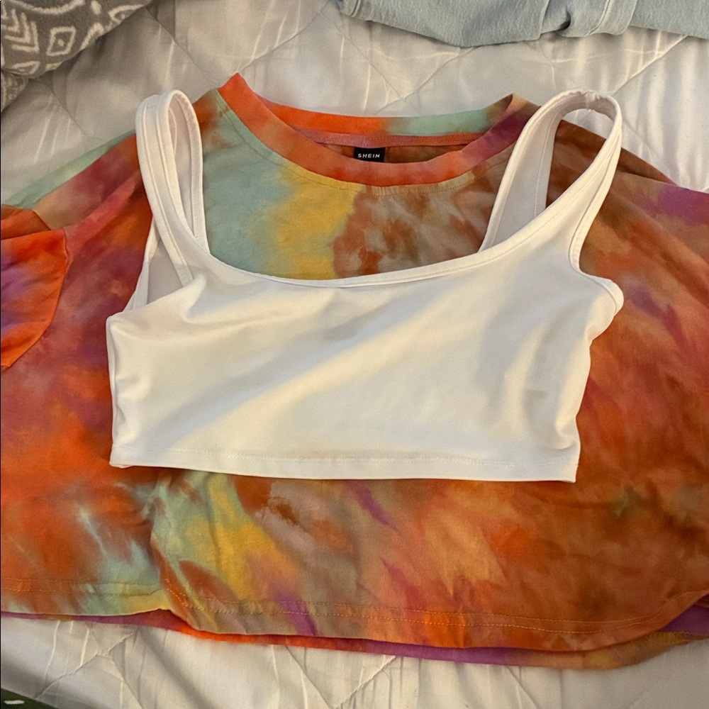 SHEIN Multicolor Tie-Dye Crop Top with White Overlay